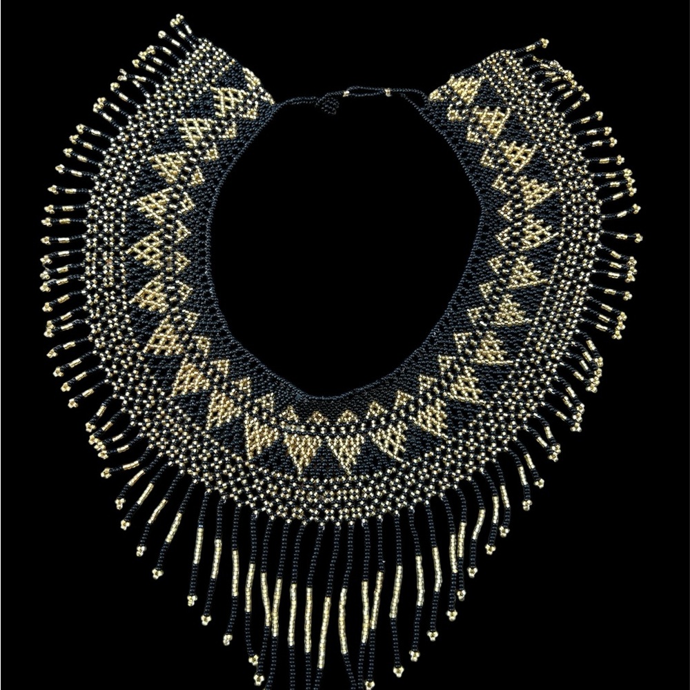 Elegant Black and Gold Beaded Collar Artisan Hand Beaded Necklace Vintage